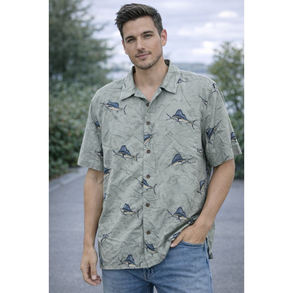 Ocean + Coast Sailfish Hawaiian Shirt‎ Men’s LT Green Fishing Print Rayon